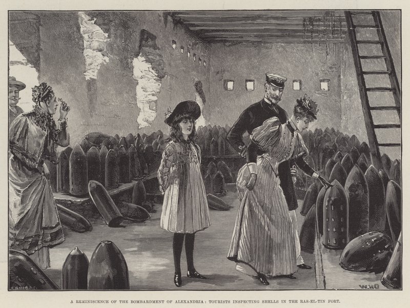 Un recuerdo del bombardeo de Alejandría, turistas inspeccionando conchas en el fuerte de Ras-el-Tin de William Heysham Overend