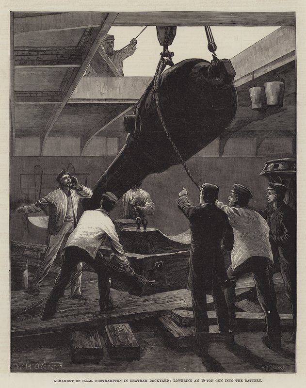 Armamento del HMS Northampton en el astillero de Chatham, bajando un cañón de 18 toneladas en la batería de William Heysham Overend