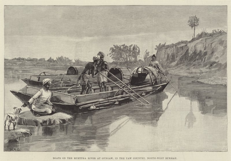 Barcos en el río Myettha en Gungaw, en el país de Yaw, noroeste de Birmania de William Heysham Overend
