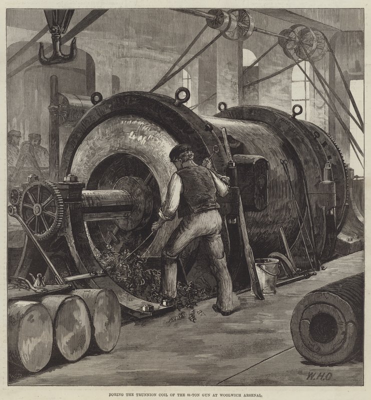 Perforando la bobina del muñón del cañón de 81 toneladas en el Arsenal de Woolwich de William Heysham Overend