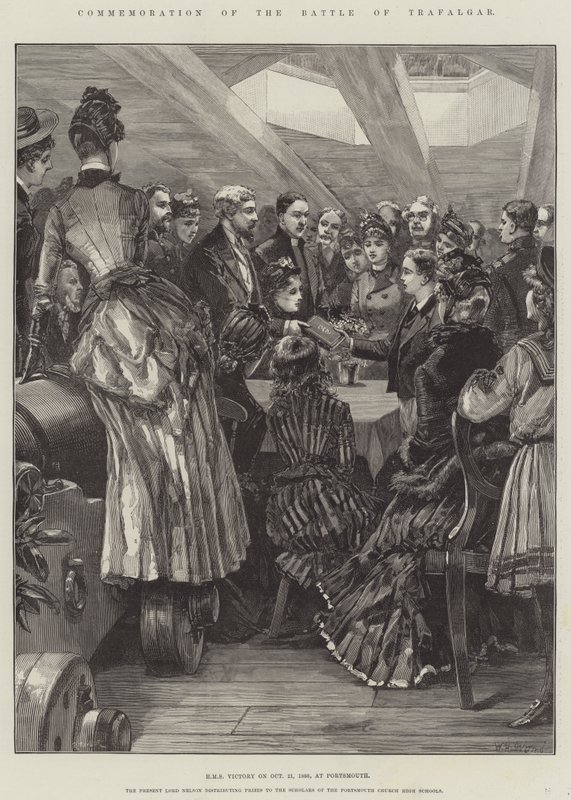 Conmemoración de la Batalla de Trafalgar, HMS Victory el 21 de octubre de 1886, en Portsmouth de William Heysham Overend