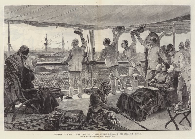 Despedida de África, Stanley y sus oficiales dejando Mombasa en el barco de vapor Katoria de William Heysham Overend