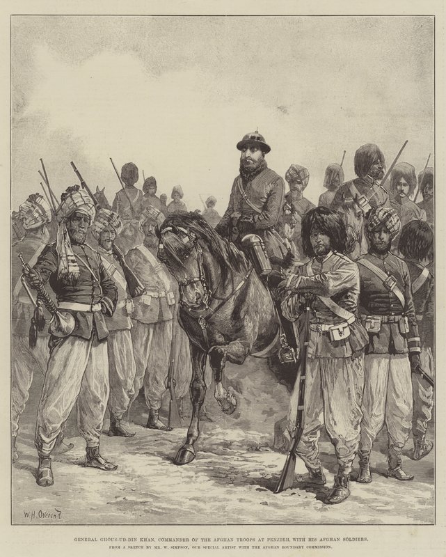 General Ghous-ud-din Khan, Comandante de las Tropas Afganas en Penjdeh, con sus Soldados Afganos de William Heysham Overend