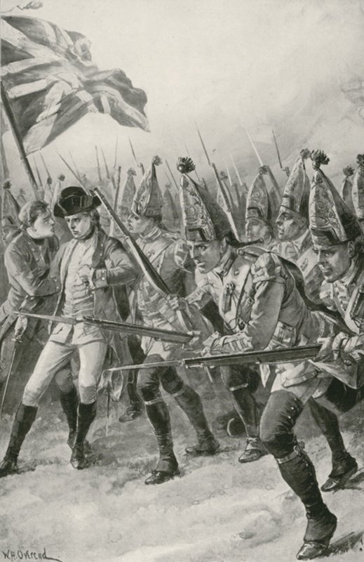 El general Wolfe es mortalmente herido mientras lidera la carga en las Llanuras de Abraham de William Heysham Overend