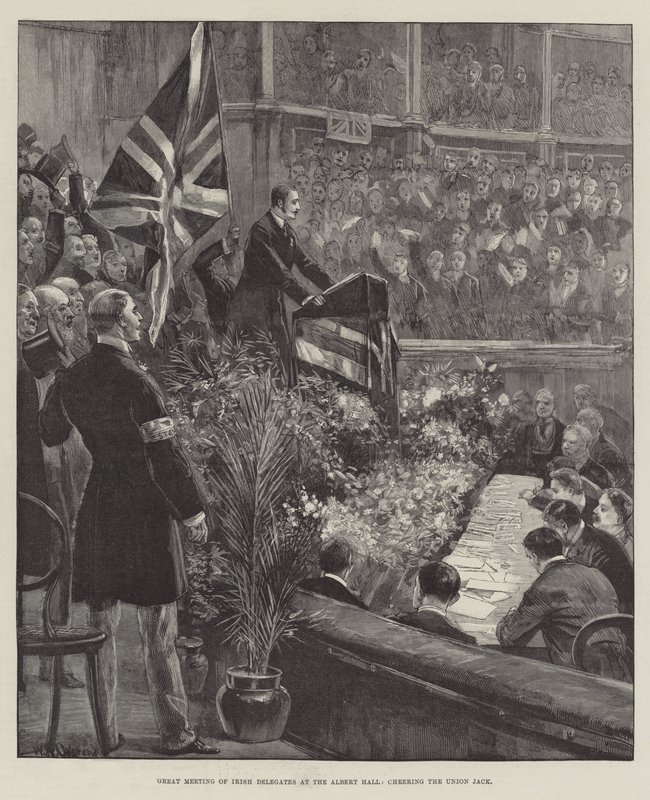Gran reunión de delegados irlandeses en el Albert Hall, vitoreando la Union Jack de William Heysham Overend