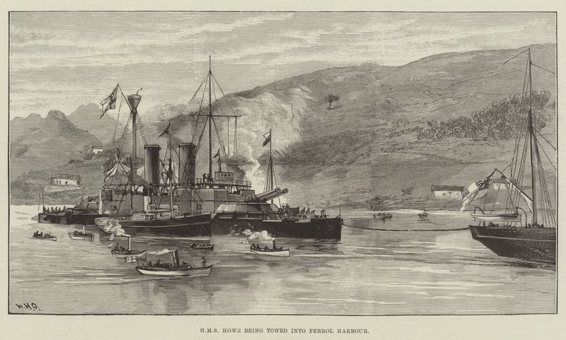 El HMS Howe siendo remolcado al puerto de Ferrol de William Heysham Overend