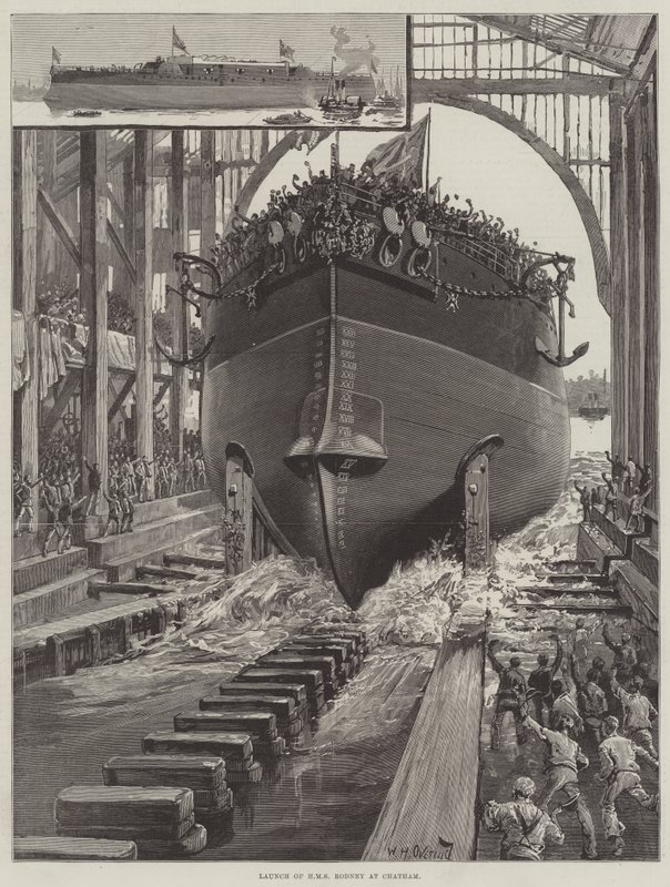 Lanzamiento del HMS Rodney en Chatham de William Heysham Overend