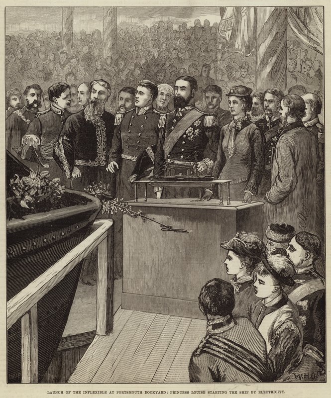 Lanzamiento del Inflexible en el astillero de Portsmouth, la princesa Louise iniciando el barco por electricidad de William Heysham Overend