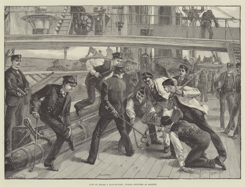 Vida a bordo de un buque de guerra, oficiales jóvenes jugando al hockey de William Heysham Overend