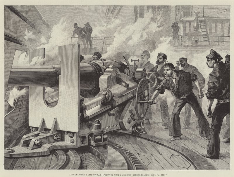 Vida a bordo de un buque de guerra, práctica con un cañón de retrocarga de seis pulgadas, ¡Un acierto! de William Heysham Overend