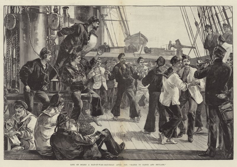 Vida a bordo de un buque de guerra, sábado por la tarde, manos a bailar y Skylark de William Heysham Overend