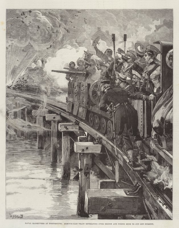 Maniobras navales en Portsmouth, tren blindado retrocediendo sobre el puente y disparando mina para cortar la persecución de William Heysham Overend