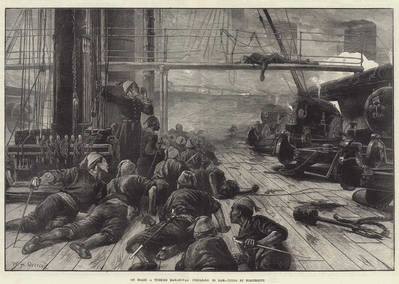 A bordo de un buque de guerra turco preparándose para embestir, disparando por electricidad de William Heysham Overend