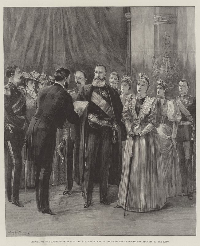 Apertura de la Exposición Internacional de Amberes, 5 de mayo, el Conde de Pret leyendo el discurso al Rey de William Heysham Overend