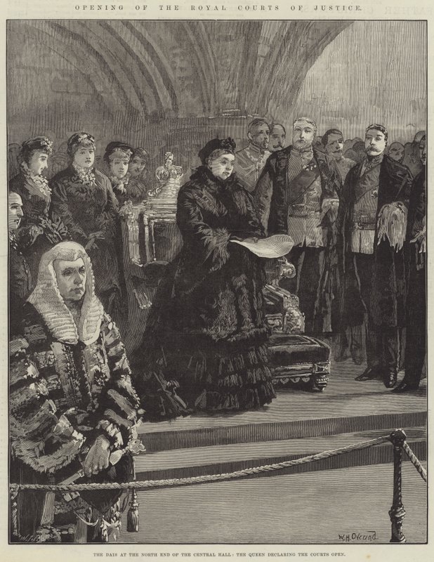 Apertura de los Tribunales Reales de Justicia, el Estrado en el extremo norte del Salón Central, la Reina declarando los Tribunales Abiertos de William Heysham Overend
