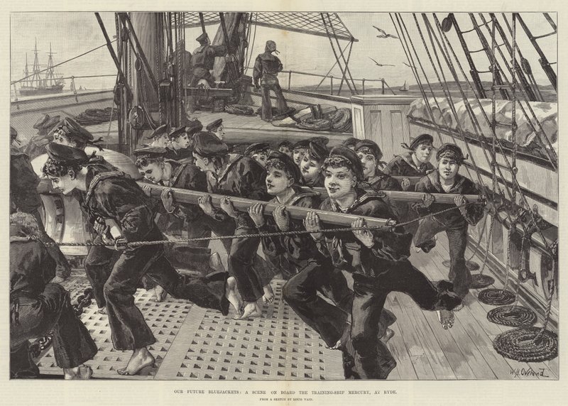 Nuestros futuros marineros, una escena a bordo del barco de entrenamiento Mercury, en Ryde de William Heysham Overend