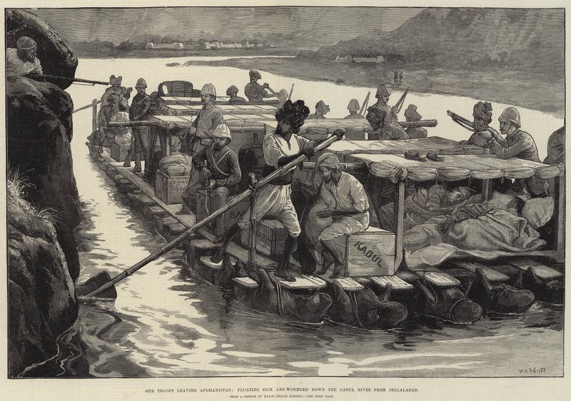 Nuestras tropas saliendo de Afganistán, transportando enfermos y heridos por el río Cabul desde Jellalabad de William Heysham Overend