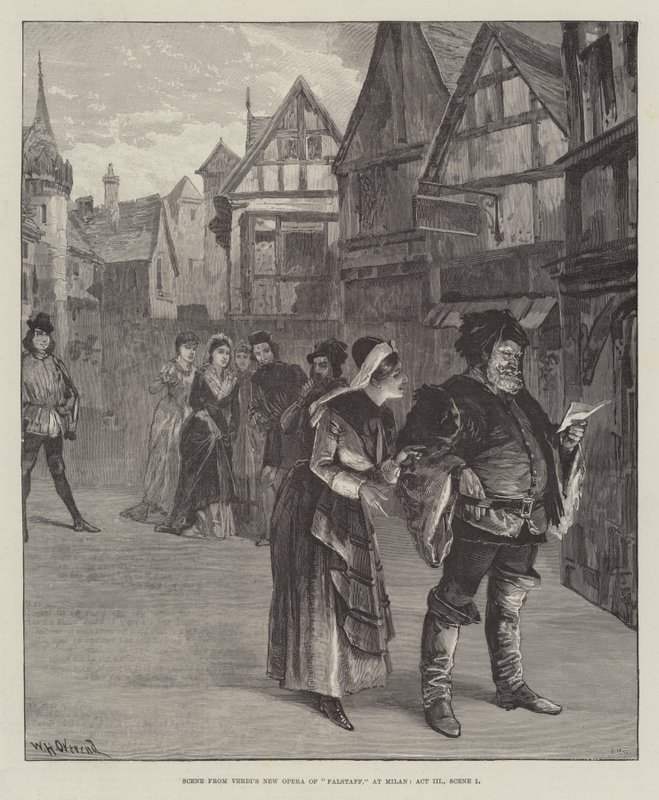 Escena de la nueva ópera de Verdi, Falstaff, en Milán, Acto III, Escena 1 de William Heysham Overend