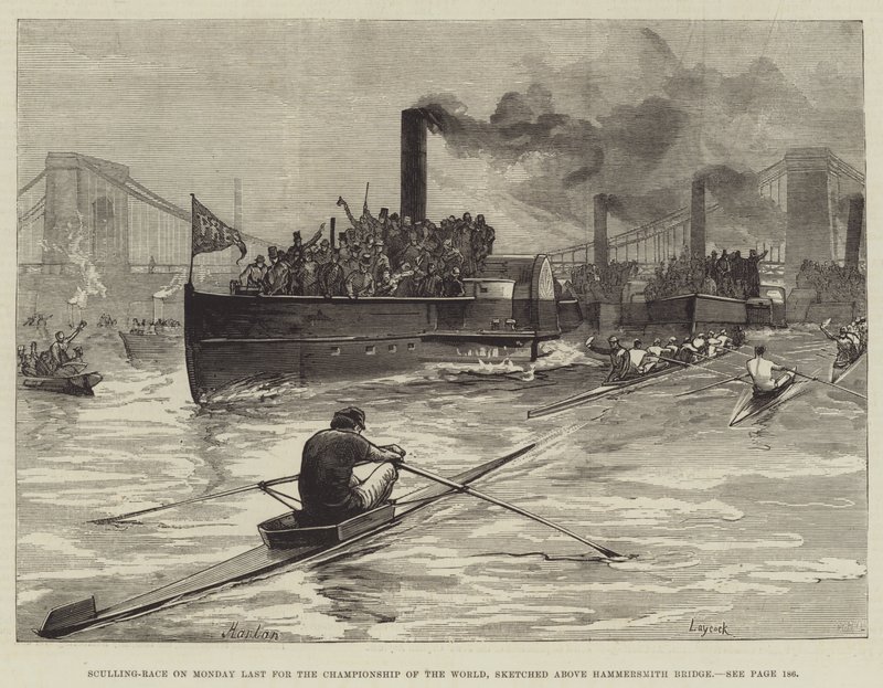 Carrera de remo el lunes pasado por el campeonato del mundo, esbozado sobre el puente de Hammersmith de William Heysham Overend