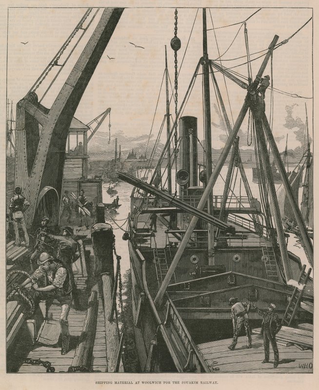 Embarcando material en Woolwich para el ferrocarril de Souakim (grabado) de William Heysham Overend