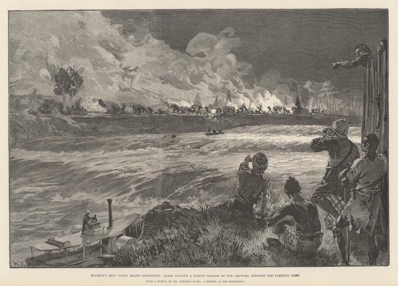 Expedición de Socorro de Emin Pasha de Stanley, árabes asaltando una aldea nativa en el Aruwimi, frente al campamento de Yambuya de William Heysham Overend