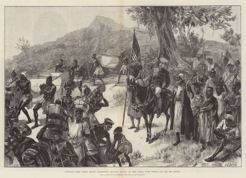 La expedición de socorro de Emin Pasha de Stanley saliendo de Matadi, en el Congo, con Tippoo Tib y sus esposas de William Heysham Overend