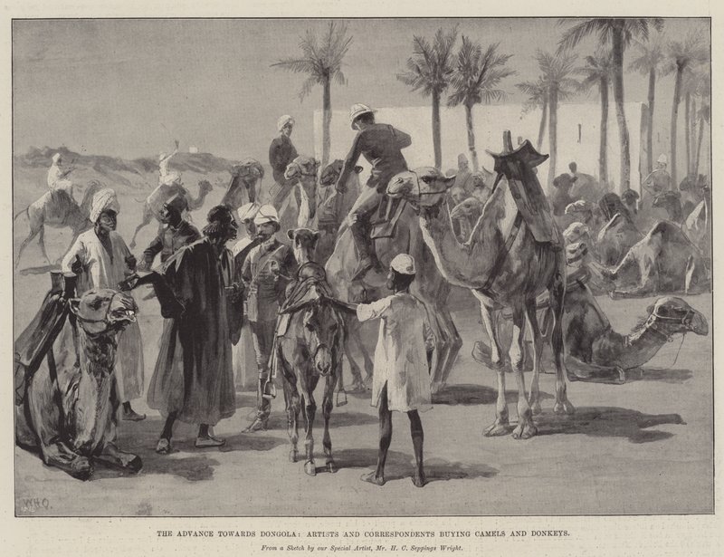 El Avance hacia Dongola, Artistas y Corresponsales comprando Camellos y Burros de William Heysham Overend