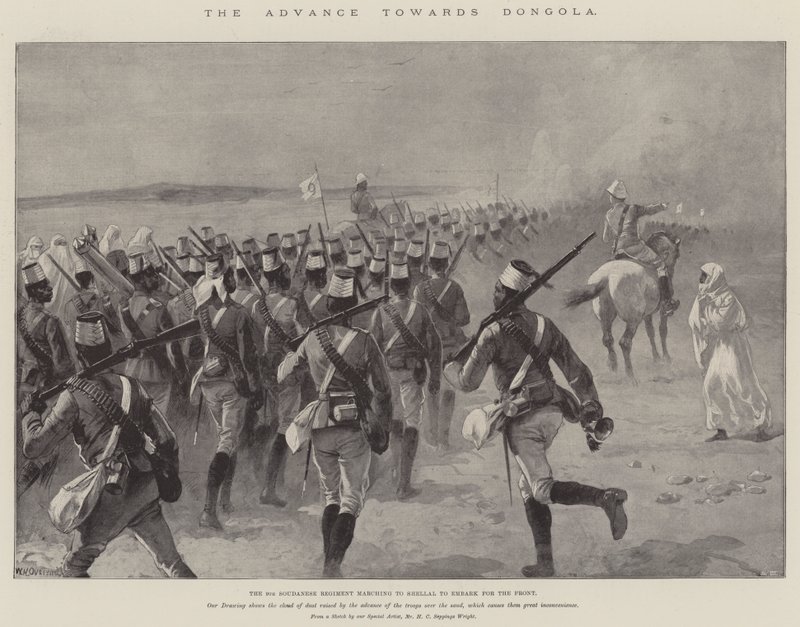El avance hacia Dongola, el 9º Regimiento Sudanés marchando hacia Shellal para embarcar hacia el frente de William Heysham Overend