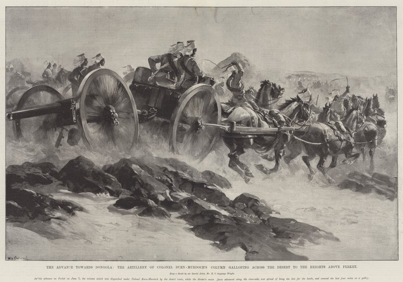 El Avance hacia Dongola, la Artillería de la Columna del Coronel Burn-Murdoch galopando a través del Desierto hacia las Alturas sobre Ferket de William Heysham Overend
