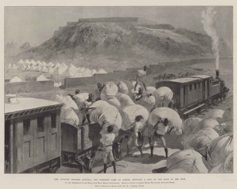 El Avance hacia Dongola, el Campamento Fortificado en Sarras, coronando una Colina en la Orilla del Nilo de William Heysham Overend