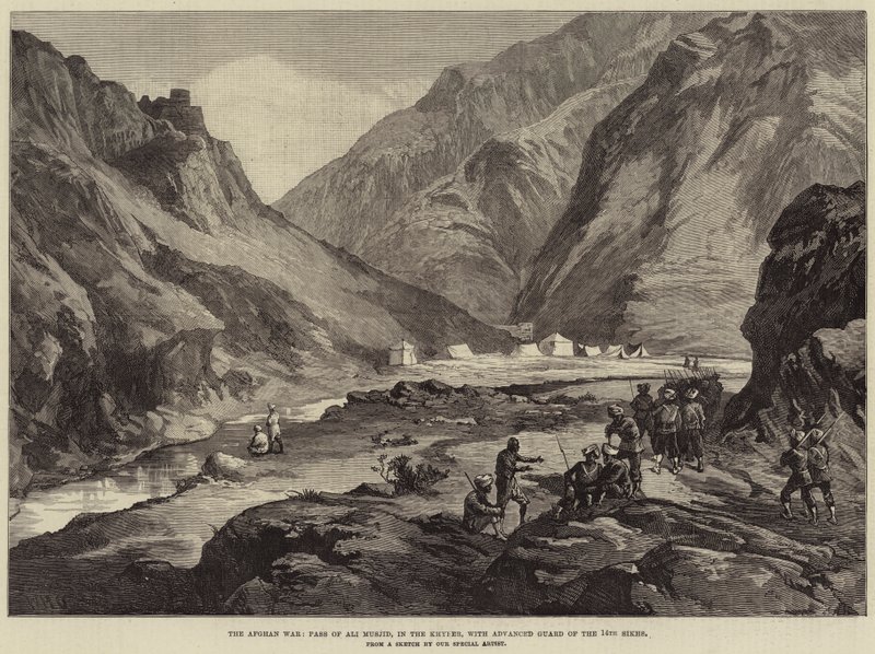 La guerra afgana, paso de Ali Musjid, en el Khyber, con la vanguardia de los 14º Sijs de William Heysham Overend