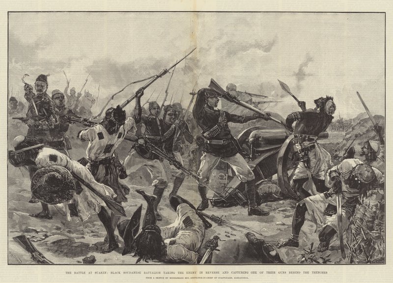 La batalla en Suakin, el batallón sudanés negro tomando al enemigo por la retaguardia y capturando uno de sus cañones detrás de las trincheras de William Heysham Overend