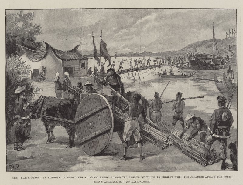 Las banderas negras en Formosa, construyendo un puente de bambú sobre la laguna, para retirarse cuando los japoneses ataquen los fuertes de William Heysham Overend