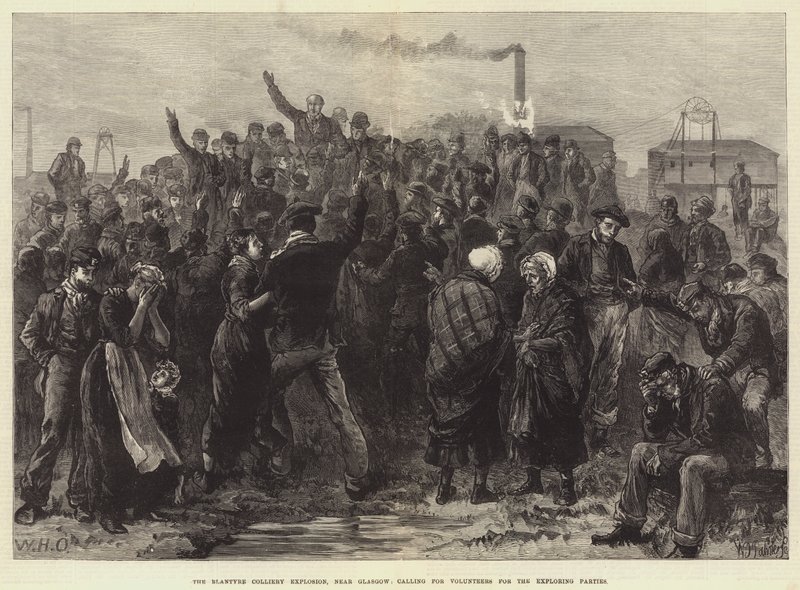 La explosión de la mina de Blantyre, cerca de Glasgow, llamando a voluntarios para los equipos de exploración de William Heysham Overend