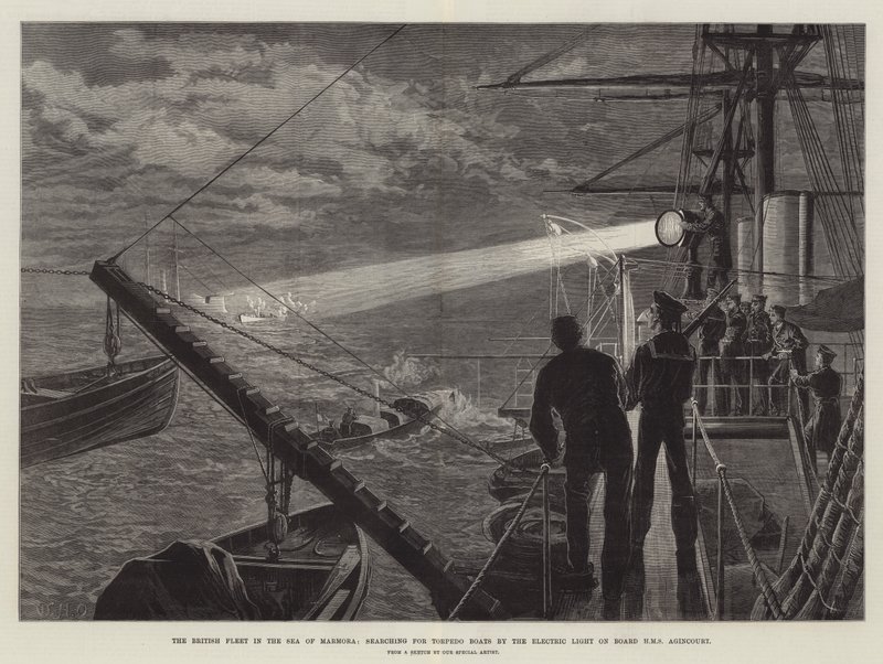 La Flota Británica en el Mar de Mármara, buscando Torpederos con la Luz Eléctrica a Bordo del HMS Agincourt de William Heysham Overend