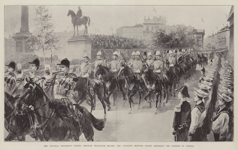 La procesión colonial pasando por Trafalgar Square, las tropas montadas canadienses precediendo al primer ministro de Canadá de William Heysham Overend