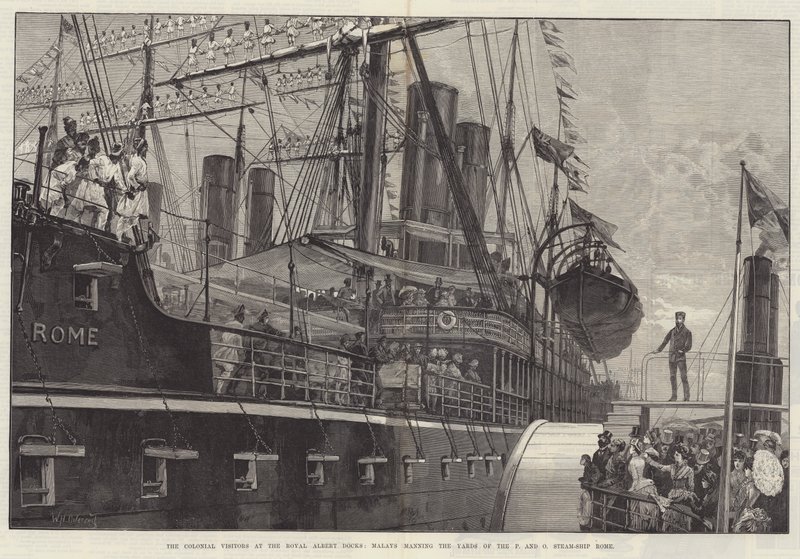 Los Visitantes Coloniales en los Muelles Reales de Albert, Malayos manejando los mástiles del barco de vapor P y O Roma de William Heysham Overend