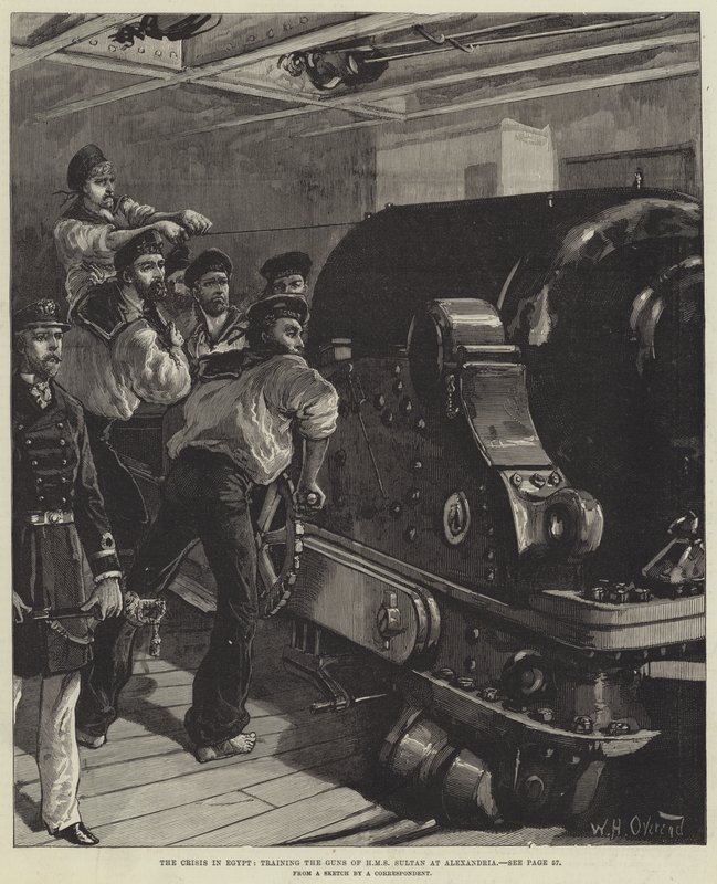La crisis en Egipto, entrenando los cañones del HMS Sultan en Alejandría de William Heysham Overend