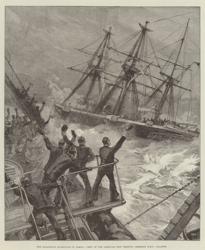 El desastroso huracán en Samoa, la tripulación del barco americano Trenton animando al HMS Calliope de William Heysham Overend