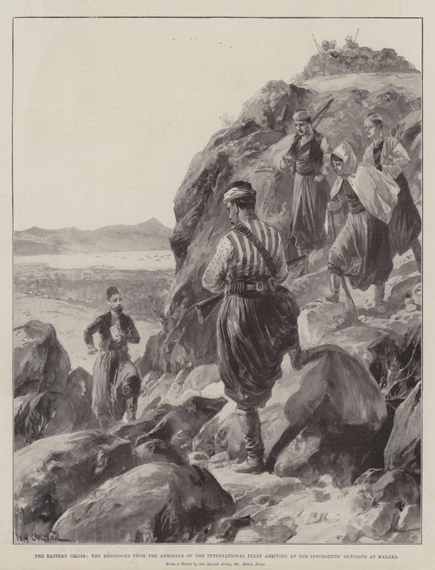 La crisis oriental, el mensajero de los almirantes de la flota internacional llegando a los puestos avanzados de los insurgentes en Malaxa de William Heysham Overend
