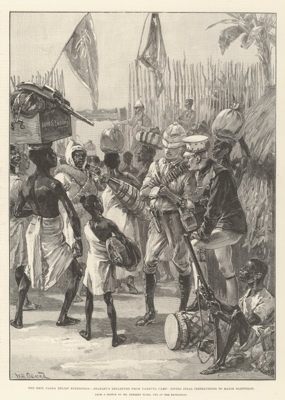 La expedición de socorro de Emin Pasha, la partida de Stanley del campamento de Yambuya, dando instrucciones finales al Mayor Barttelot de William Heysham Overend