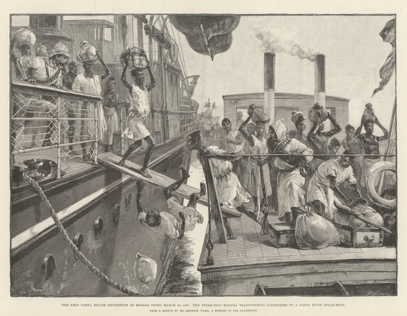 La Expedición de Rescate de Emin Pasha en Banana Point, 18 de marzo de 1887, el Vapor Madura transfiriendo Pasajeros a un Barco de Vapor del Río Congo de William Heysham Overend