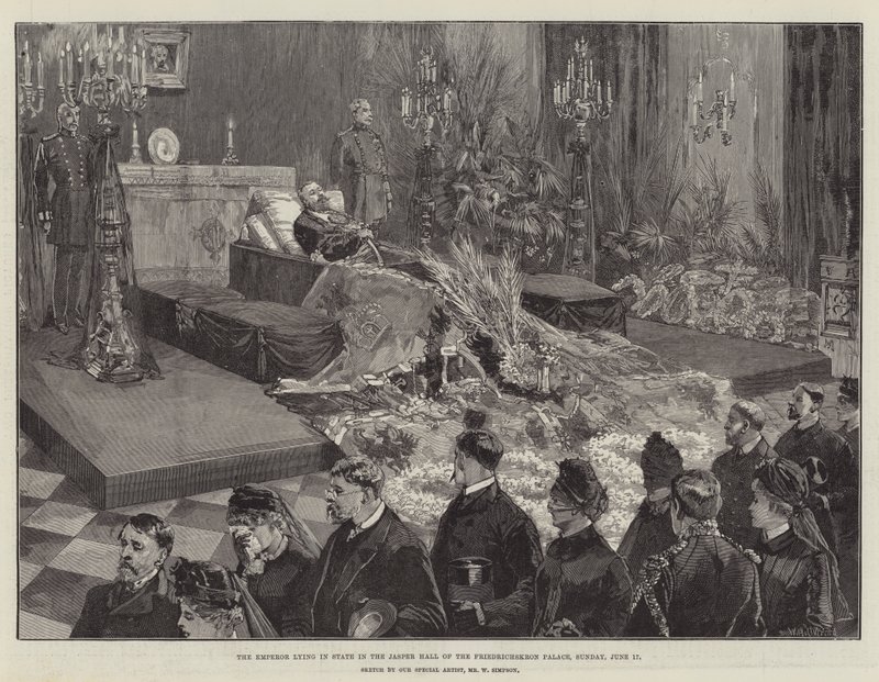 El emperador yaciendo en estado en el Salón de Jaspe del Palacio de Friedrichskron, domingo, 17 de junio de William Heysham Overend