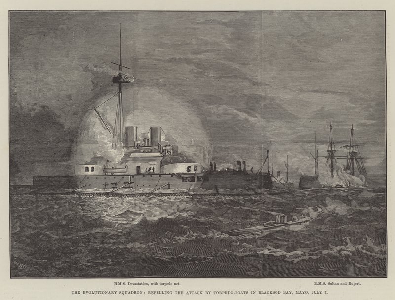 El escuadrón evolutivo, repeliendo el ataque de torpederos en Blacksod Bay, Mayo, 7 de julio de William Heysham Overend