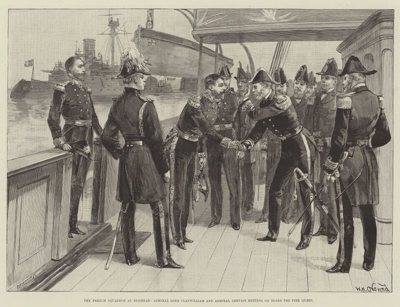 El escuadrón francés en Spithead, el almirante Lord Clanwilliam y el almirante Gervais se reúnen a bordo del Fire Queen de William Heysham Overend