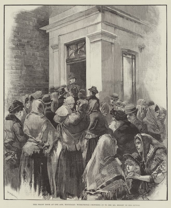 La puerta principal en One Ash, Rochdale, trabajadores aglomerándose para ver al Sr. Bright en su ataúd de William Heysham Overend