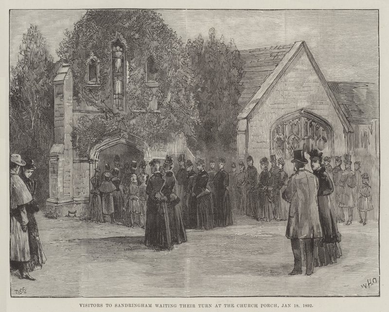 El funeral del difunto Duque de Clarence y Avondale, visitantes a Sandringham esperando su turno en el pórtico de la iglesia, 18 de enero de 1892 de William Heysham Overend