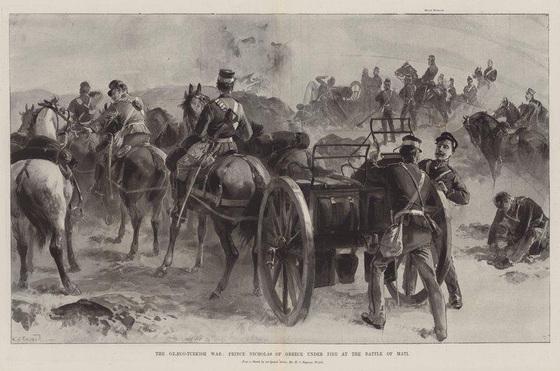 La guerra greco-turca, el príncipe Nicolás de Grecia bajo fuego en la batalla de Mati de William Heysham Overend