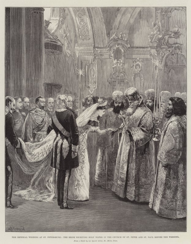 La boda imperial en San Petersburgo, la novia recibiendo agua bendita en la iglesia de San Pedro y San Pablo antes de la boda de William Heysham Overend