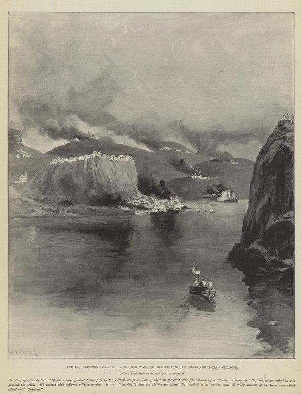 La insurrección en Creta, un barco de guerra turco bombardeando aldeas cristianas en Platanias de William Heysham Overend